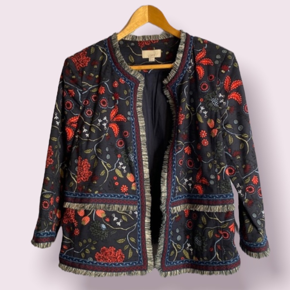 LOFT Black Embroidered Floral Fringe Jacket